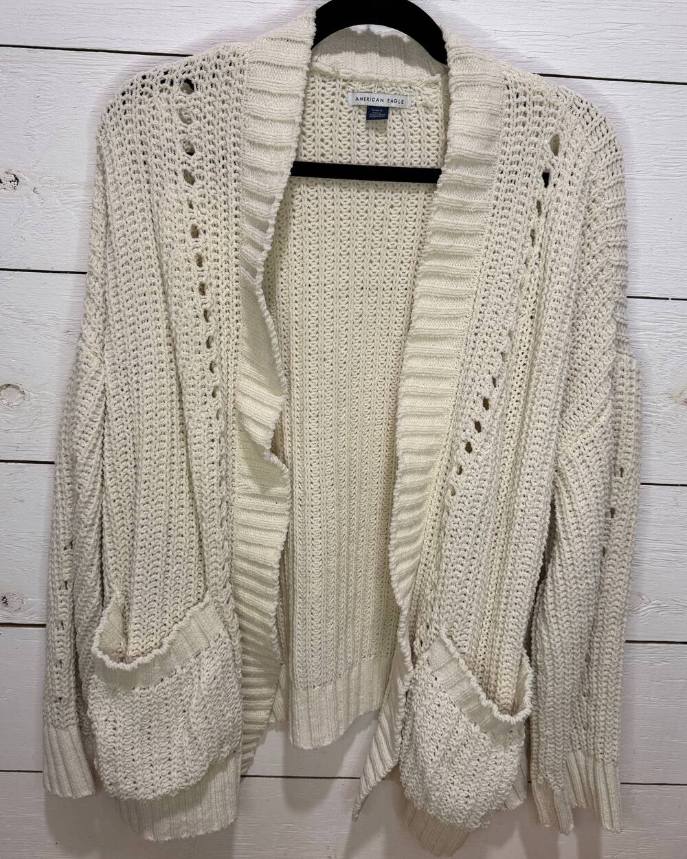 American Eagle Ivory Knit Open Front V-Neck Cardigan Sweater Pockets Size M
